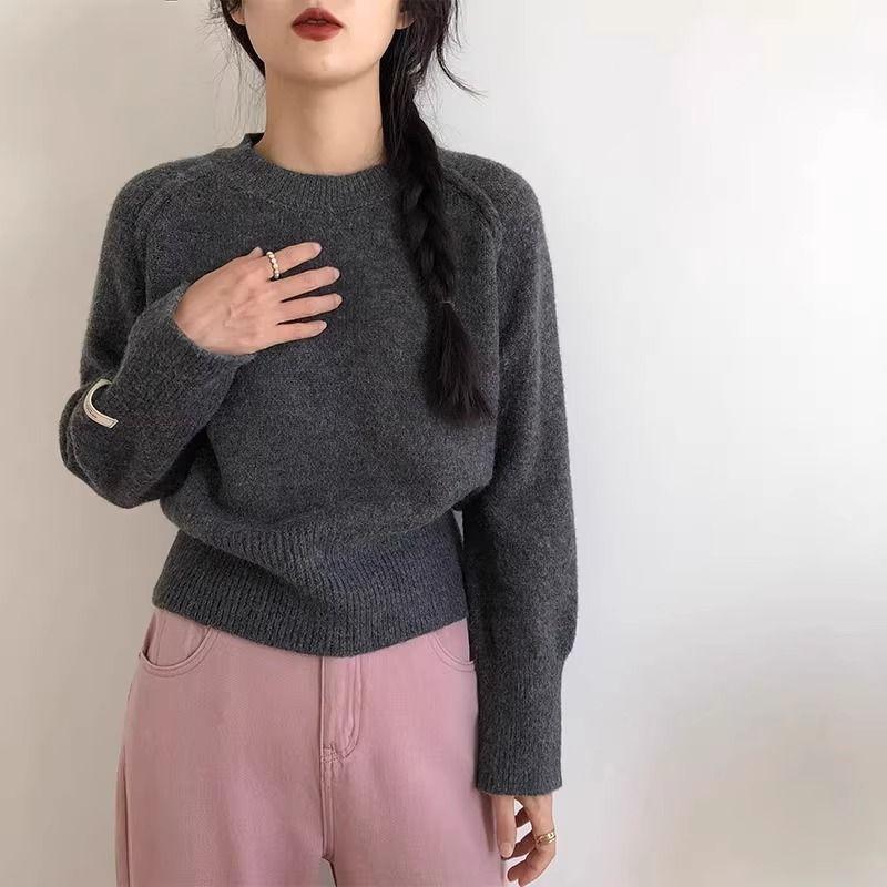 New Korean Chic Round Neck Loose Sweater Women Winter Solid Bottoming Shirt Knitted Tops Simple Design Casual Pullover