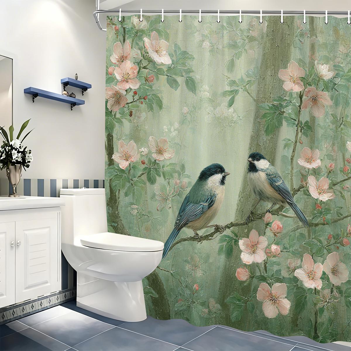 

Vintage Bird & Botanical Pattern Polyester Shower Curtain - Rustic Style Bathroom Decor, Nature-Inspired Bath Polyester For Home W60H190(CM)-1 Pcs