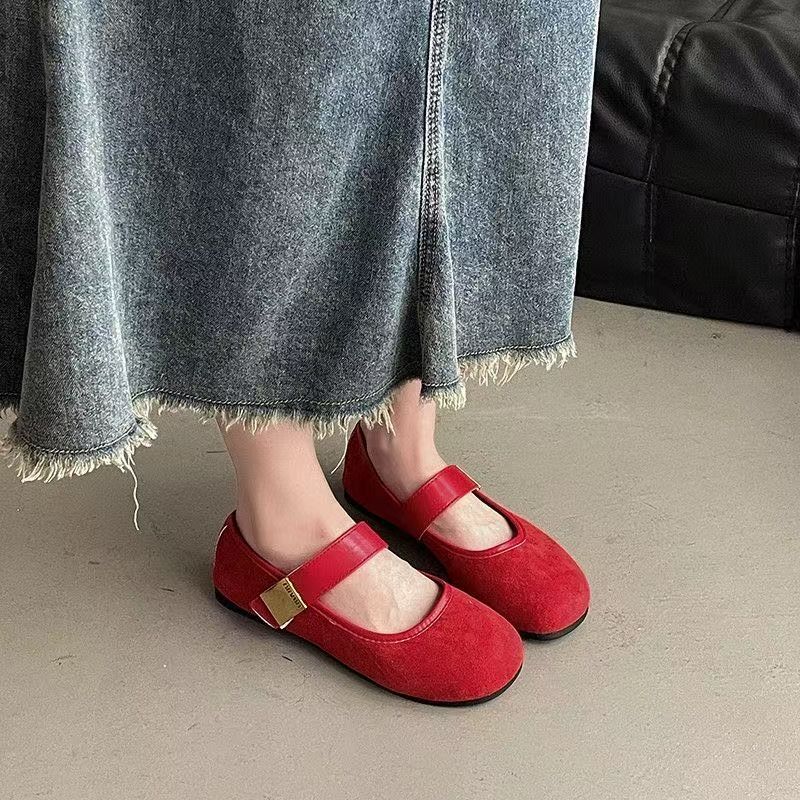 Retro gentle fairy style casual soft flat Mary Jane shoes suede red light mouth single shoes women 2025 new