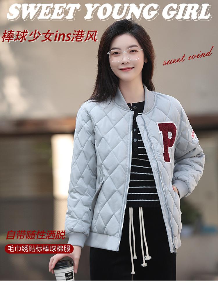 Winter retro Hong Kong style loose rhombus baseball jersey cotton-padded women's tide brand light cotton jacket
