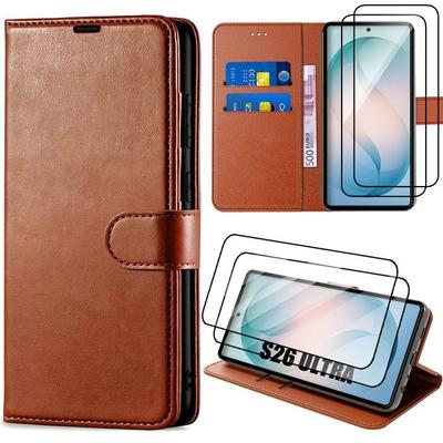Foldable Case - BOOLING - for Samsung Galaxy S26 Ultra - Brown Synthetic Leather - 2 Tempered Glasses