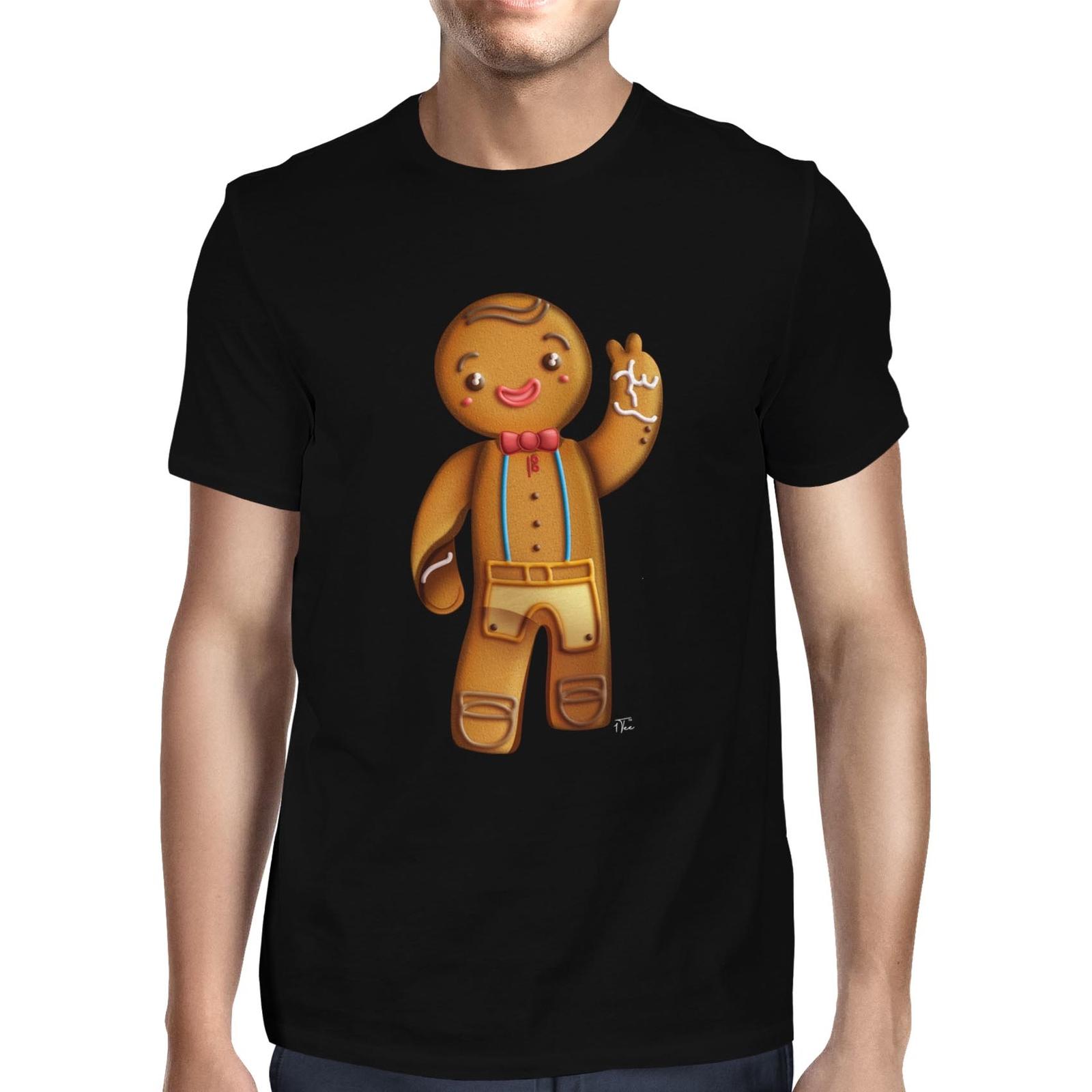 1Tee Mens Happy Gingerbread Man. Waving Christmas T-Shirt L