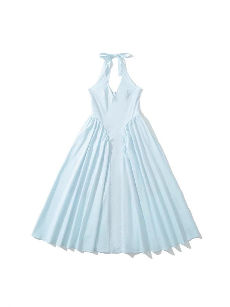 French Socialite Summer Halterneck Deep V-Neck Pleated Dress