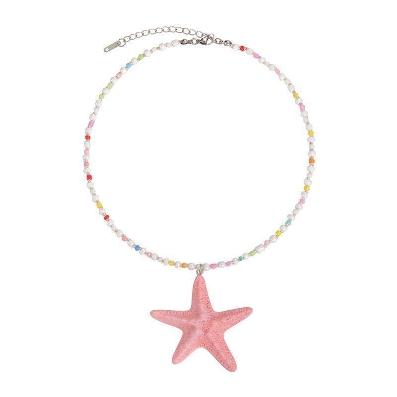 Trendy Bohemian Starfish Necklace Dopamine Beaded Cute Surfer Style Jewelry for Girls Daily Wear Beach Party