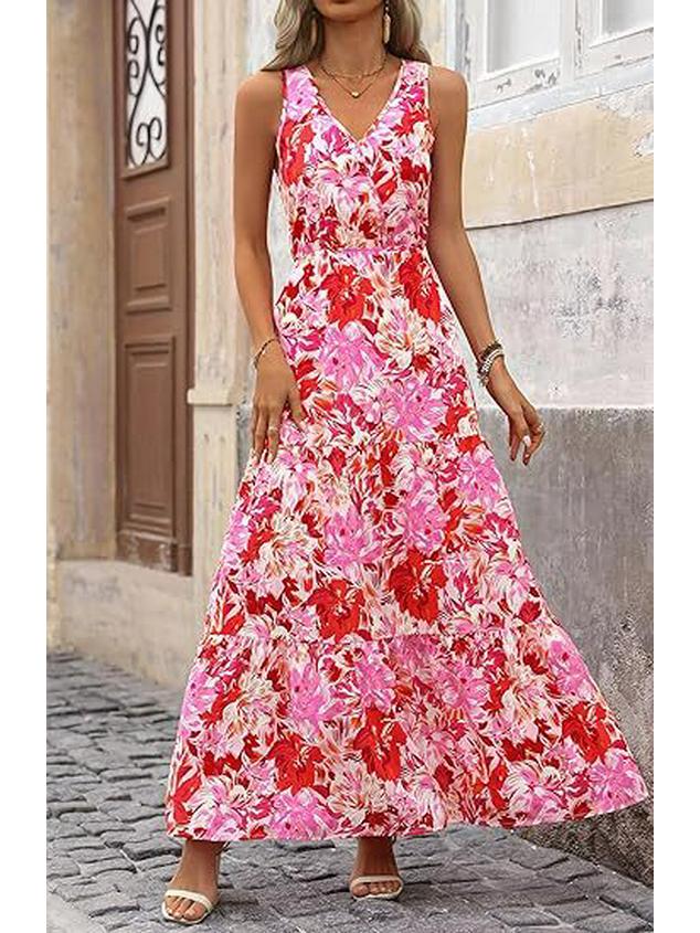 2026 V-Neck Sleeveless Print Dress with Elastic Waist - European & American Style