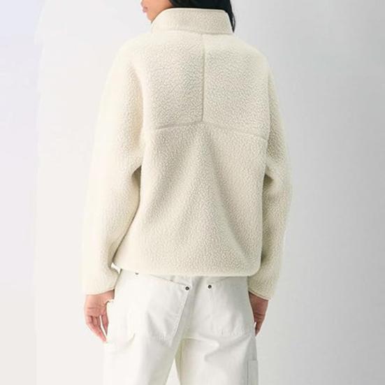 Damen Half-Zip Pullover Fleecejacke Langarm Stehkragen Sherpa Sweatshirt mit Taschen Herbst Flauschige Warme Oberbekleidung