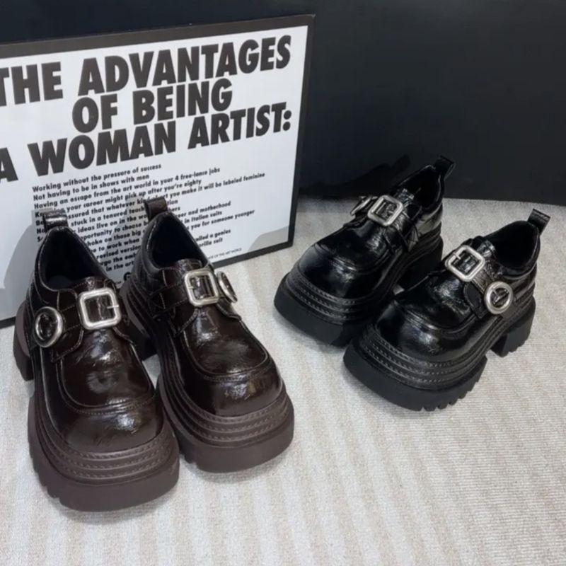 Buckle Grinding Sticker Three-layer Thick Sole Heightening Round Head Loafers Women's 2025 New Spring JK Single Shoes Leather Shoes
