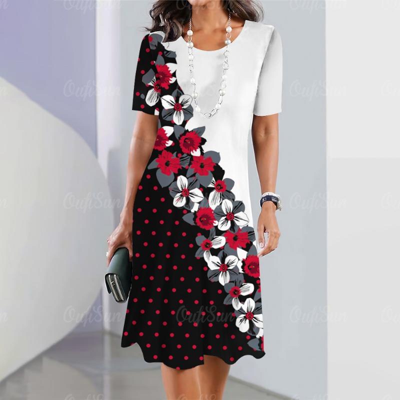 Neue Vintage Damenkleider mit Blumen-Patchwork-Print, elegantes, lässiges Kurzarmkleid Y2k, lockeres, übergroßes Modekleid 2023