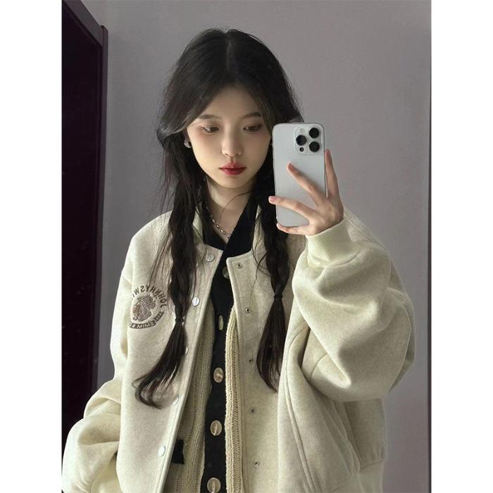

Short baseball jersey women s autumn and winter loose casual versatile thickened jacket ins S серый