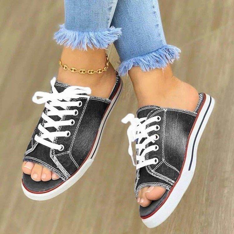 New summer canvas Korean version of women's sandals one-character low-heeled women's shoes denim straps shoes flats