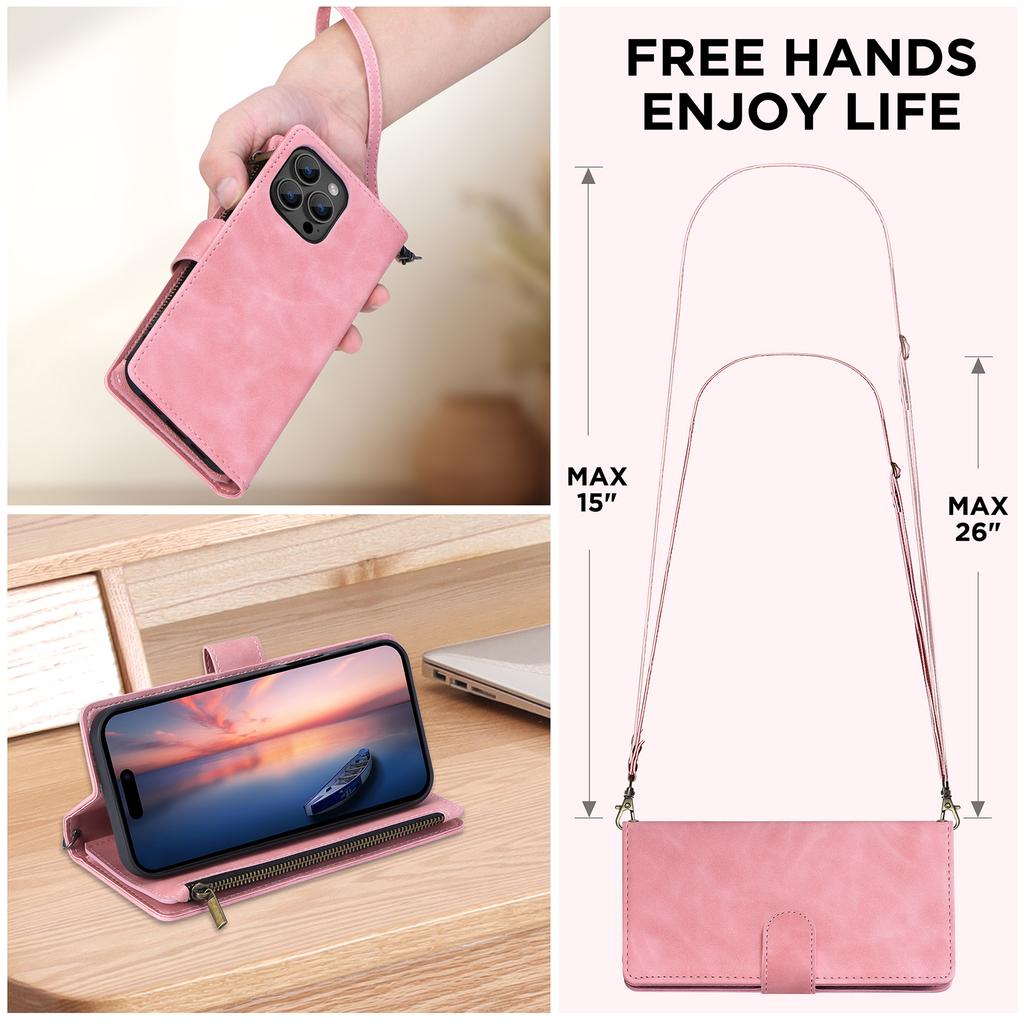 For iPhone 16 Pro Max Case Zipper Multi-Pocket Wallet Leather Phone Cover with Shoulder and Wrist Straps