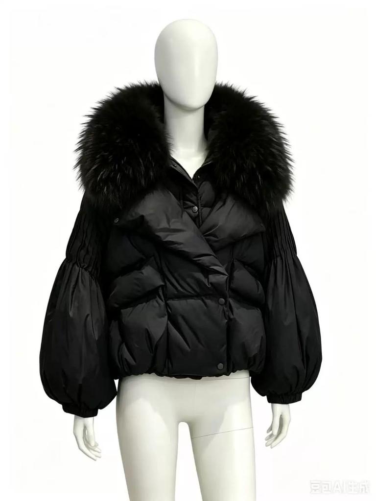 Winter New Natural Fox Big Fur Collar Bubble Sleeve Down Jacket Women's Short Thickened Warm Loose Coat