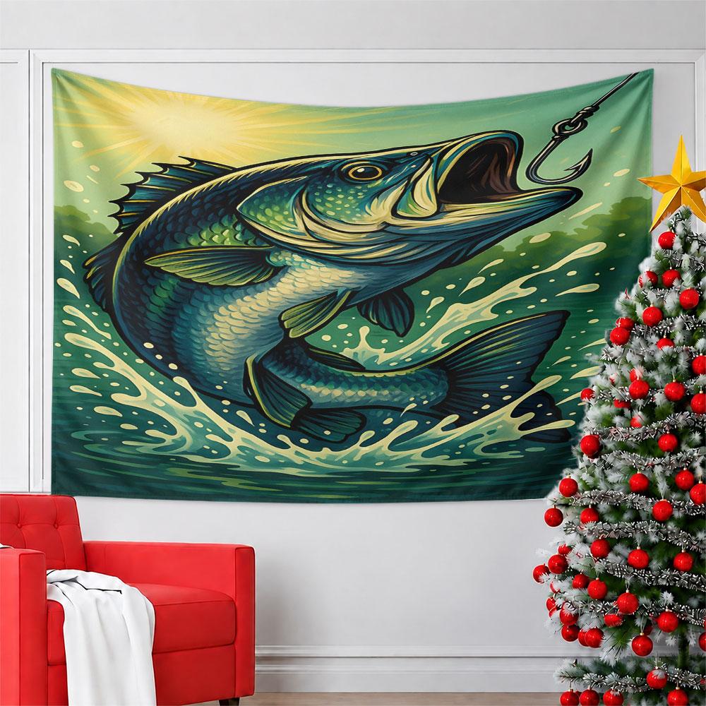 Jumping Bass Fish with Hook and Splash Pattern Wall Hanging Tapestry Decorative Tapestry Home Decor for Bedroom and Living Room