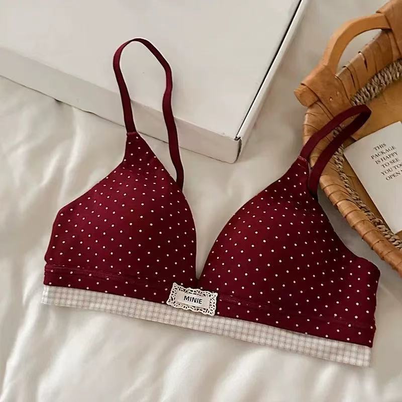 Plaid splicing polka dot thin triangular cup without steel ring to gather small breasts, double breasts, anti-sagging bra set