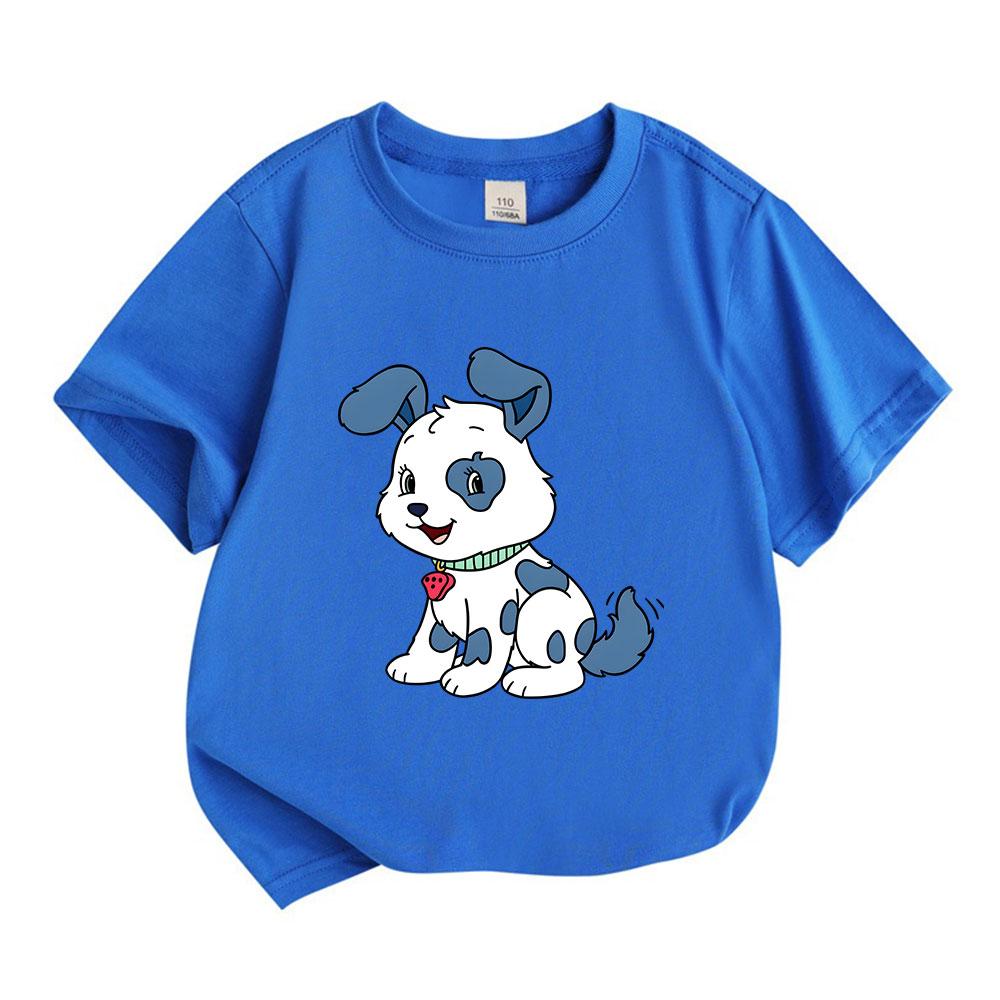 Kids Boys Girls Crew Neck Short Sleeve 100% Cotton T-Shirt, Cute Happy Blue Spotted Cartoon Puppy Print Casual Soft Comfortable Tee for Daily Wear Hol