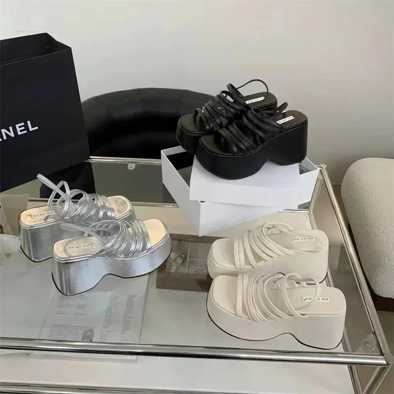 Women's Summer Chunky Heels Sandals New Strap High Heeled Slippers Woman Black Slip on Casual Platform Sandalias Mujer