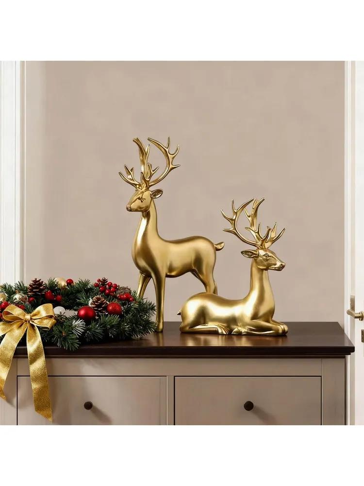 Elegant Reindeer Figurine Set – 2-Piece Christmas Tabletop Decoration, Standing & Lying Deer Statues, Gold/Silver/White/Black, Festive Home Ornament
