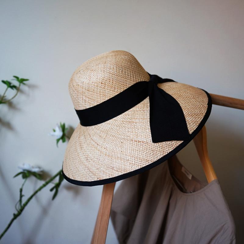 French Retro Hepburn Treasure Grass Woven Bell-Shaped Basin Hat Top Hat Women'S Summer Sunshade Sunscreen Vacation Beach Big Straw Hat