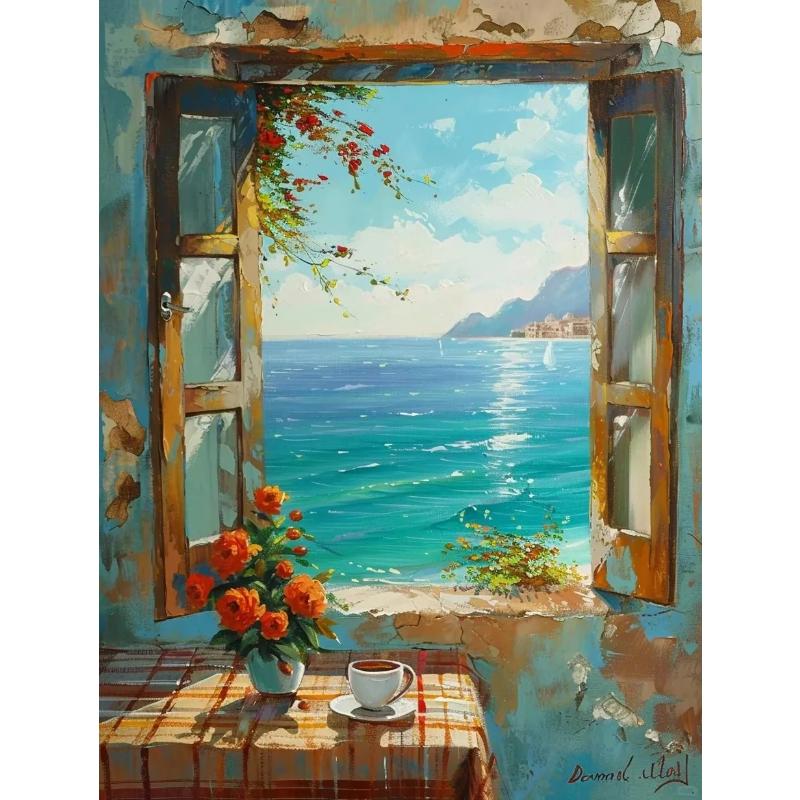 Abstract Colorful Graffiti Town Landscape Canvas Painting Modern Art Window Sea View Aesthetic Posters Prints Living Room Decor
