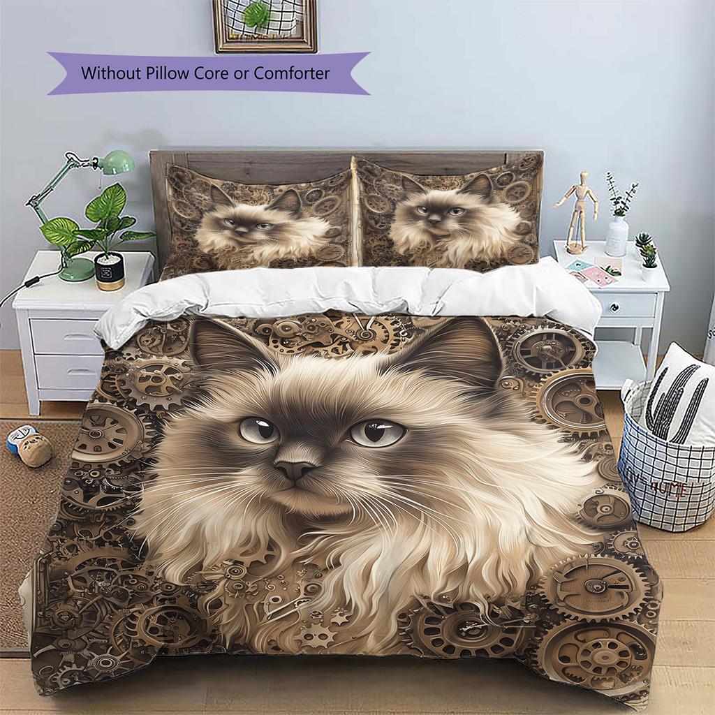 Gear Cat Pattern Bedding Quilt Set Quilt Cover Pillowcase Home Decoration Gift (1 * duvet cover + 2 * pillowcase, without core)