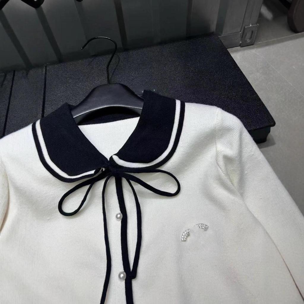2025 Fall/Winter Color Block Doll Collar Bow Knit Cardigan & Skirt Set