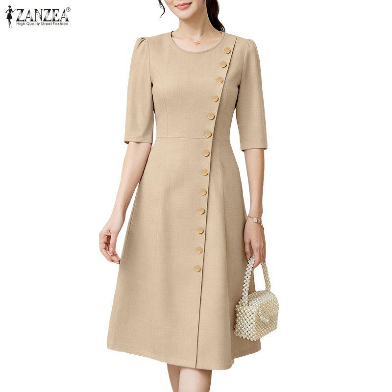 ZANZEA Women Casual Round Neck Elegant Summer Short Sleeve Dress