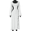 F24DS234 European & American Women's Color Block Lace Bell Sleeve High Slit Sexy Long Dress