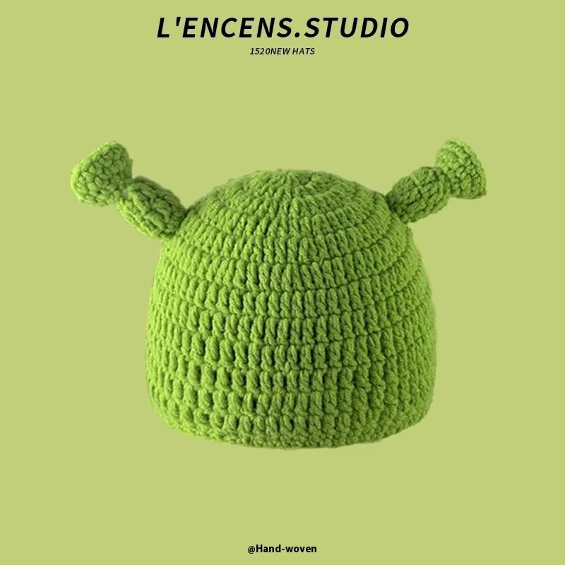 Cute Knitted Woolen Hat Unisex Warm Ear Protection Cartoon Green All-Match Cap Spring Autumn Winter Ideal For Men And Women