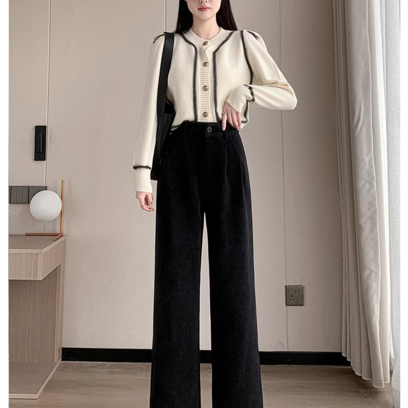 European Cotton Velvet Wide-Leg Pants for Women, Autumn, Winter, High Waist, Draped, Casual, Slim Fit, Straight-Leg Pants, Chenille Fleece-Lined