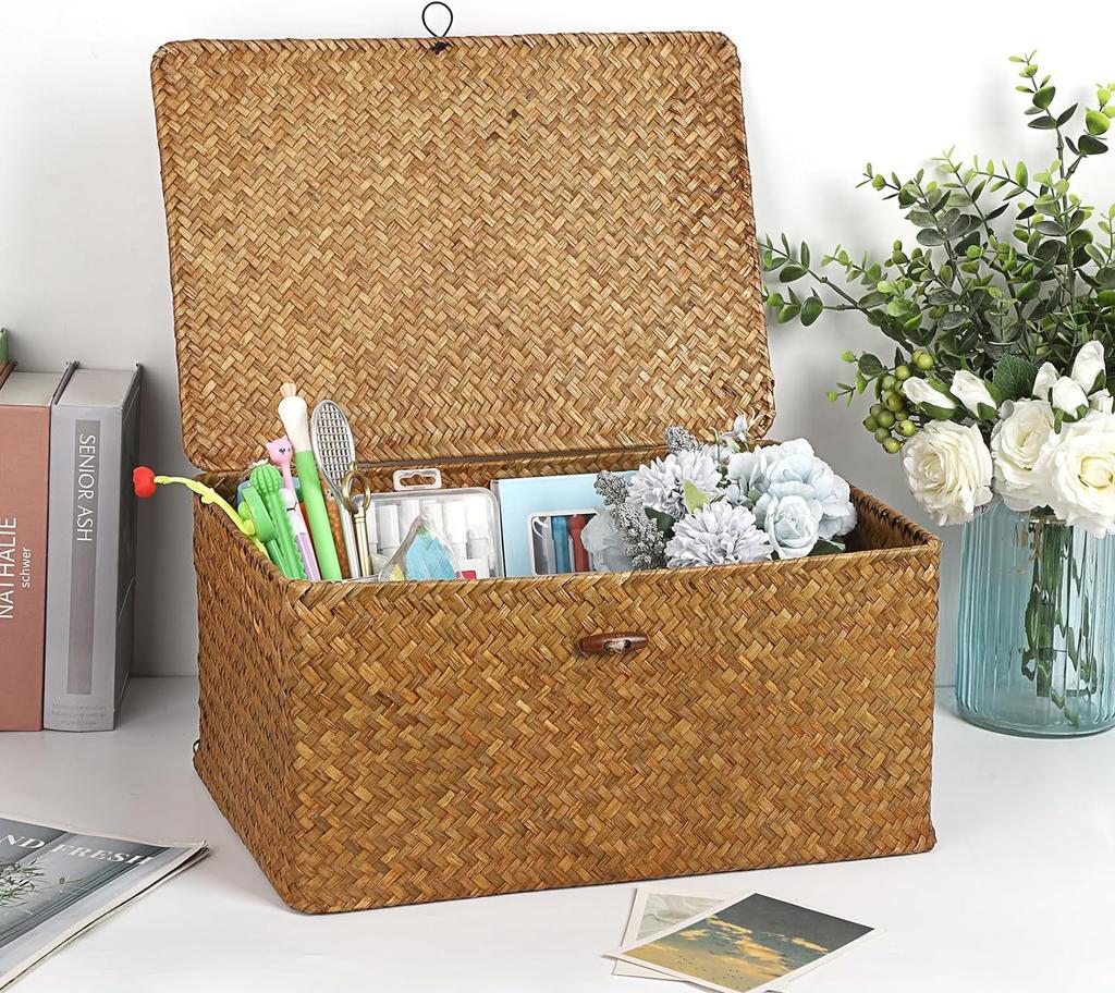 POPETPOP Suit Rattan Storage Basket with Lid, Seagrass Storage Basket, Rectangular Storage Basket, Bathroom Towel Basket, 26x16x10cm