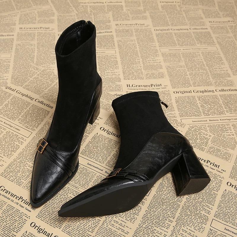 Fashion Vintage Brown Booties Block Heel Fall Winter 2025 Paneled Stretch Heels Boots for Women