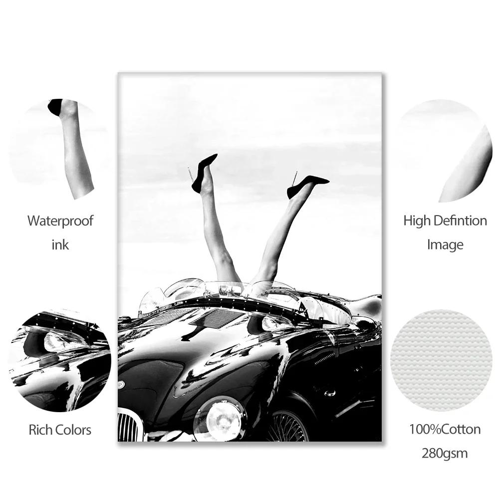 Black White Feminist Art Picture Poster Print Middle Finger Woman High Heels Classic Car Fashion Photography Girl Room Home Deco