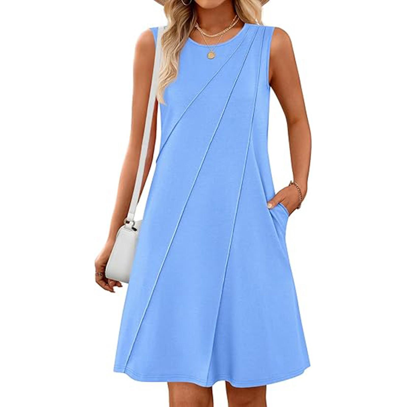 

Women’s Round Neck Solid Color Sleeveless Vest Casual Dress L синий