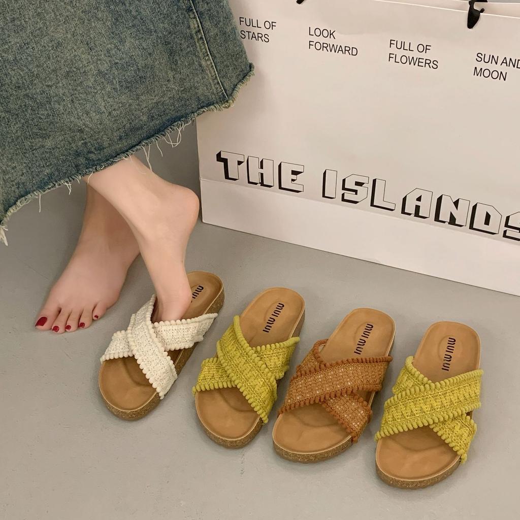 Retro woven cross-cool slippers women's outerwear 2025 summer new with skirt one-word slippers casual shoes