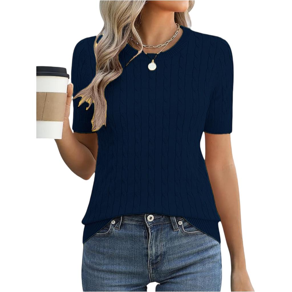 Women Short Sleeve Cable Knit Pullover Crew Neck Ribbed Hem Fitted Soft Stretchy Lightweight Sweater Top