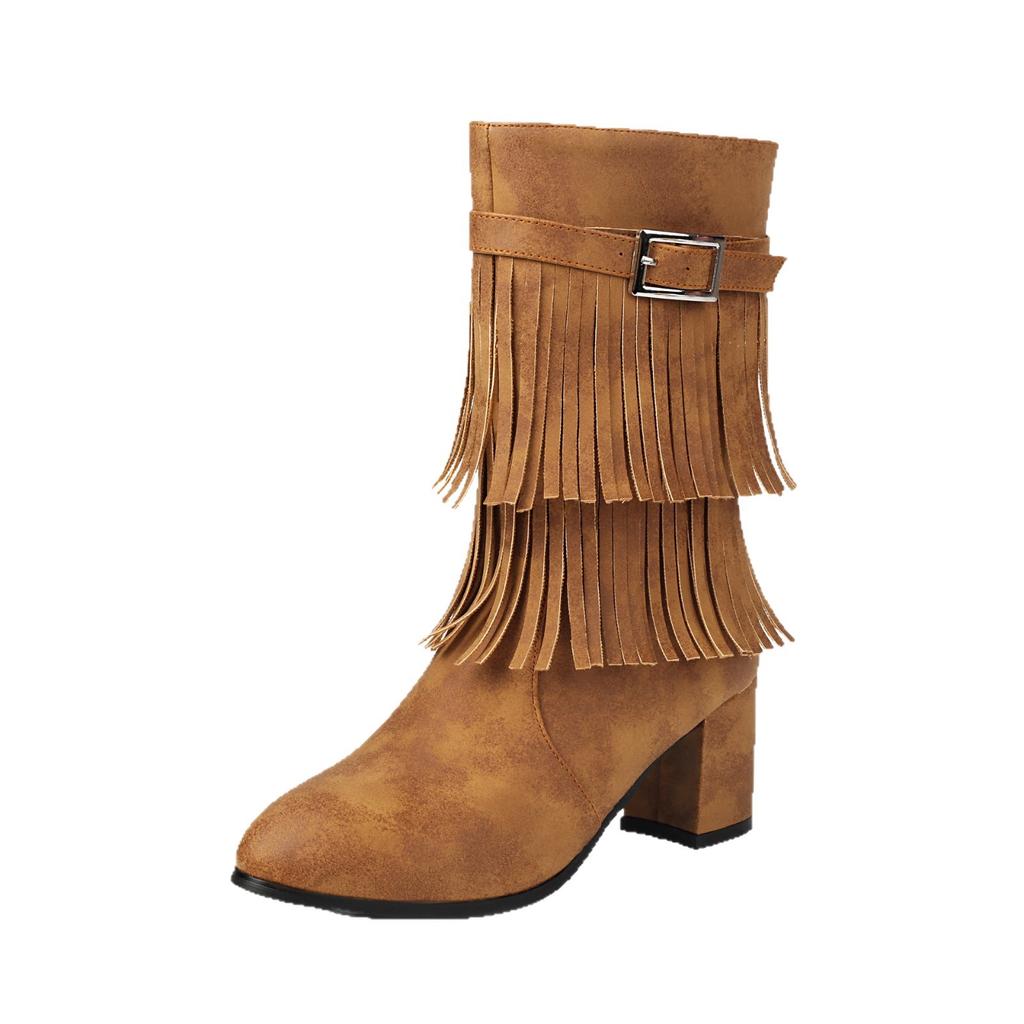 34--45 Large Size Boots Autumn and Winter Women's Boots Casual Fringed Boots College Style Thick Heel High Boots Women's Shoes