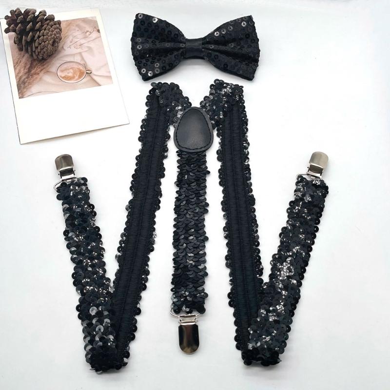 Popular Sequins Suspenders and Bowtie Set for Male with Metal Clip Weddings and Theme Parties Costume Neckwear Accessory