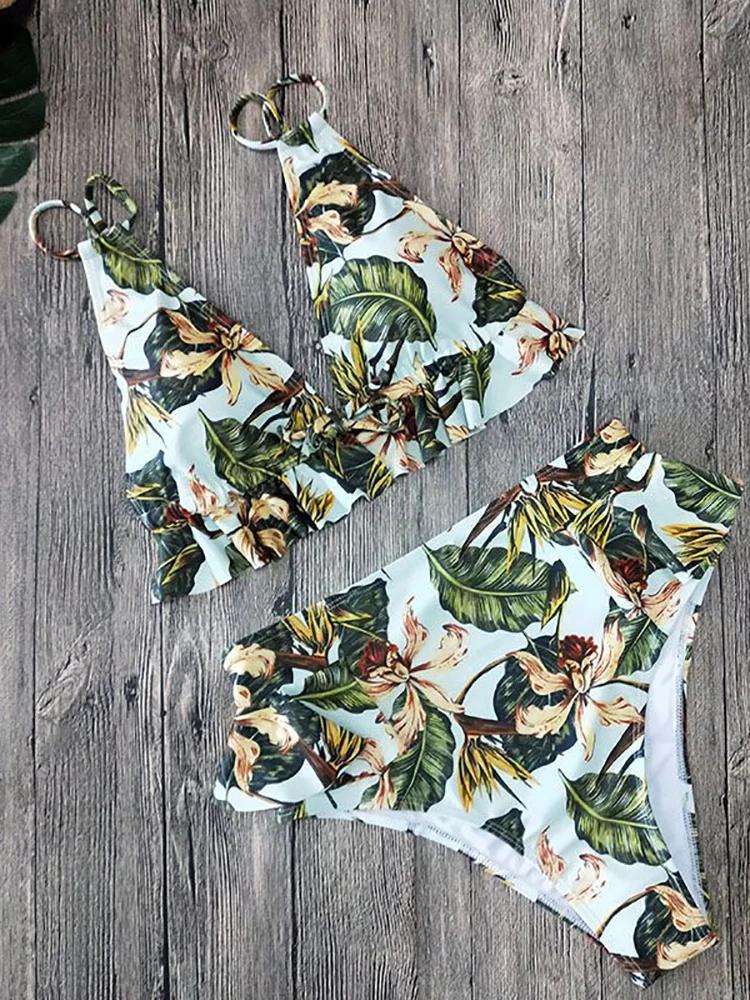 Fitshinling High Waist Bikini 2025 Woman Swimwear Ruffles Print Women's Swimsuit Summer Beach Separate 2 Pieces Bikini Sets Sexy