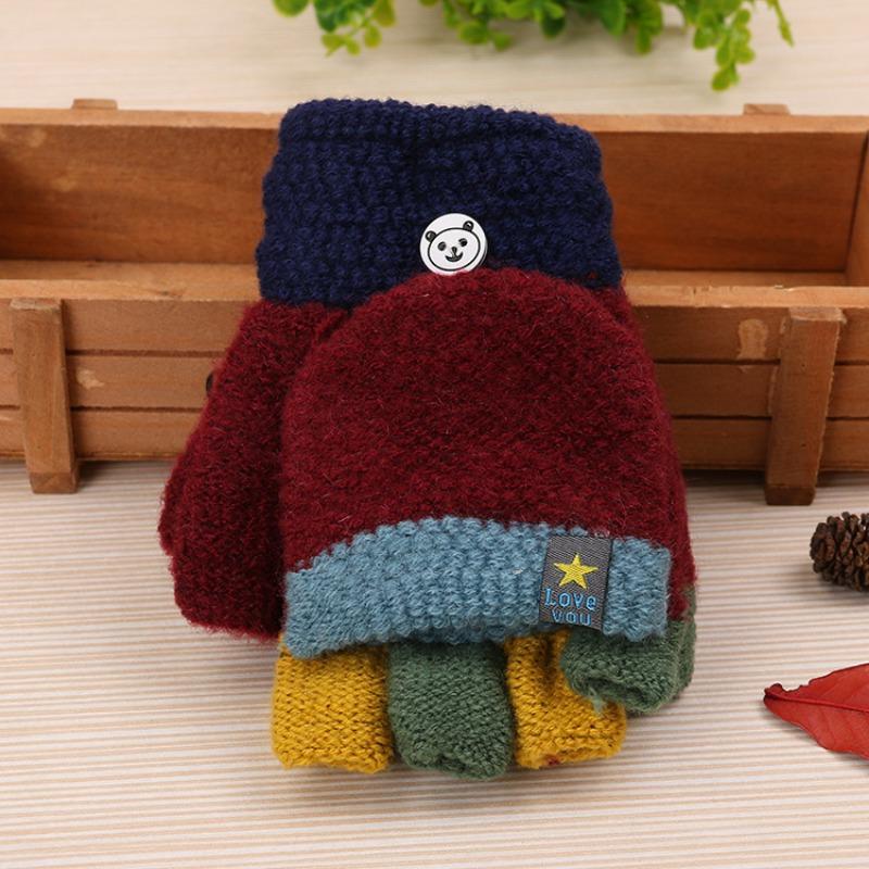 New Children's Thermal Writing Gloves Autumn and Winter Thickened Flip Color Matching Wool Finger Knitted Student Gloves Women