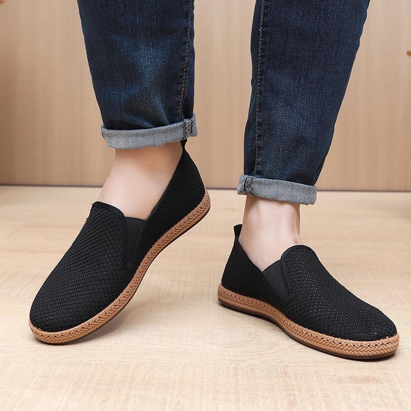 Classic Mens Canvas Shoe Outdoor Light Walking Flats Summer Breathable Hollow Out Mesh Shoes for Men Comfortable Slip-on Loafers