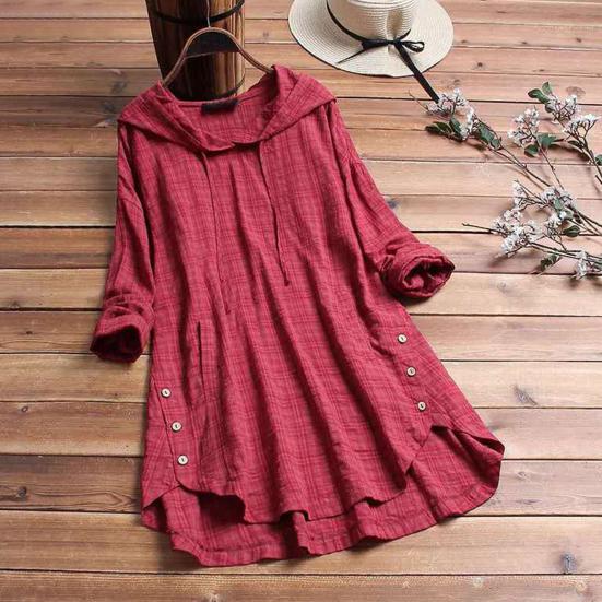 Women Top Loose Checked Long Sleeves Pullover Drawstring Dress Up Hooded A-line Plus Size Fall Shirt Female Clothes