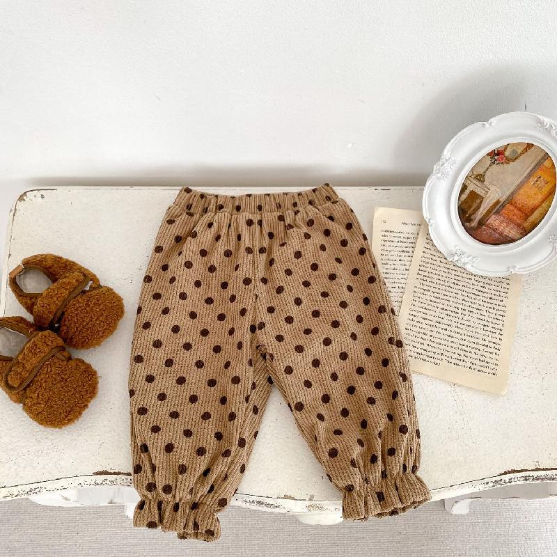 

Осенне-зимние детские вельветовые брюки с флисовой подкладкой, утолщенные повседневные брюки в корейском стиле в горошек для малышей, свободные брюки 80 коричневый