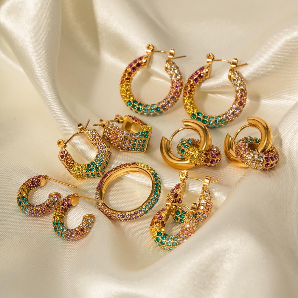 Trendy Gold-Plated Colorful Diamond Hoop Earrings for Women
