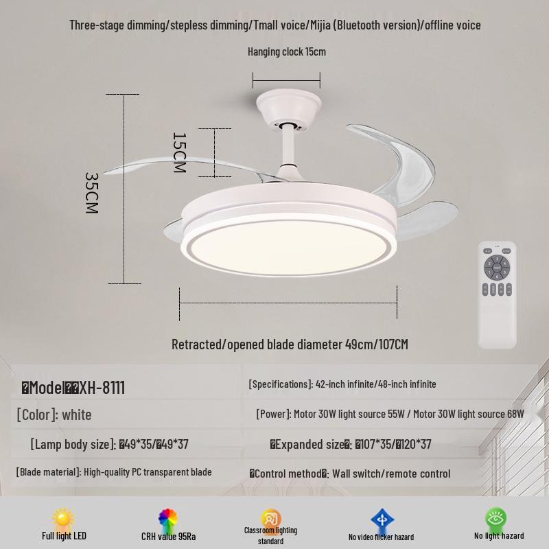 Invisible Silent Variable Frequency Ceiling Fan with Light for Living Room or Bedroom
