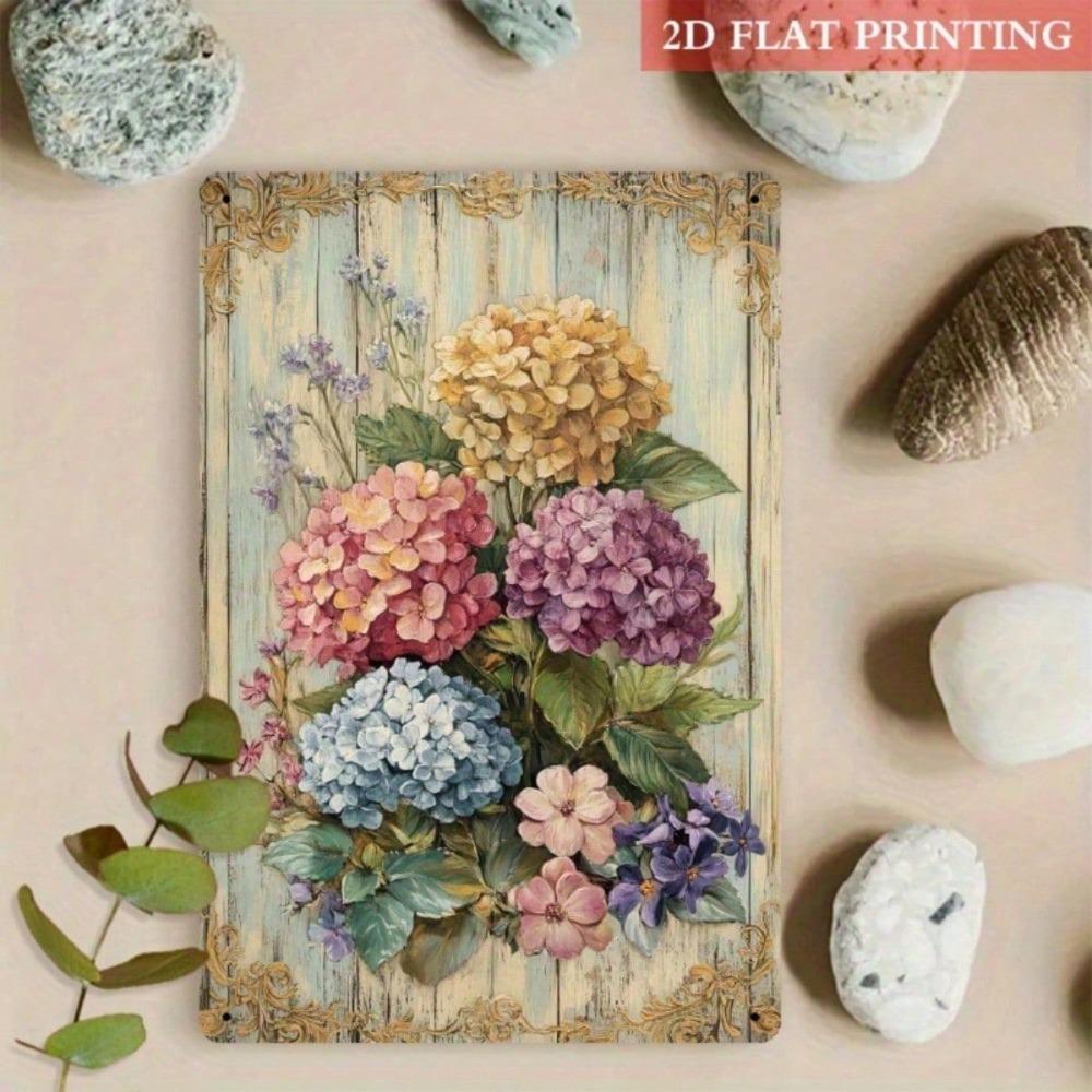 1pc Retro Metal Tin Sign, Vibrant Hydrangea Bouquet with Golden Accents, Vintage Floral Art, Rustic Farmhouse Wall Decor, 2D Flat