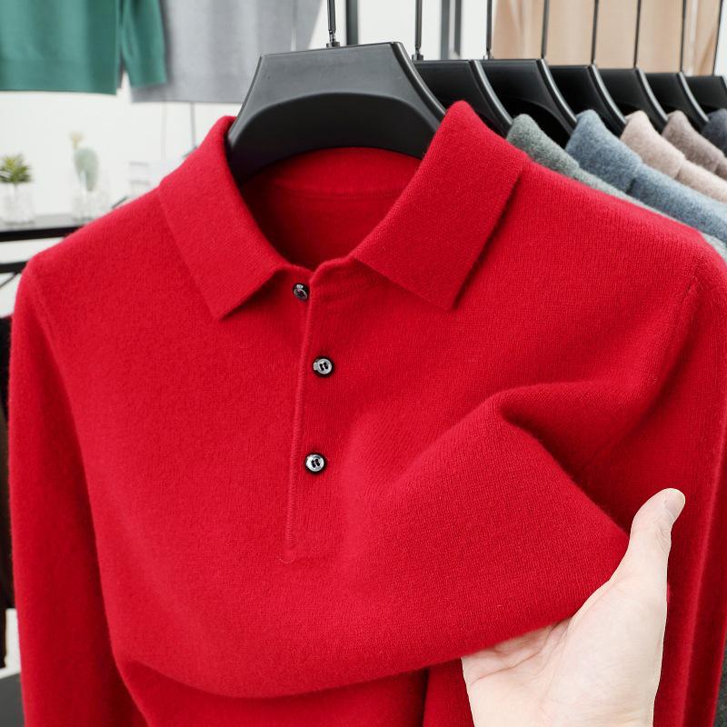 Men's 100% Pure Wool Lapel Sweater - Autumn/Winter Thickened Base Layer with Plus Velvet Warmth