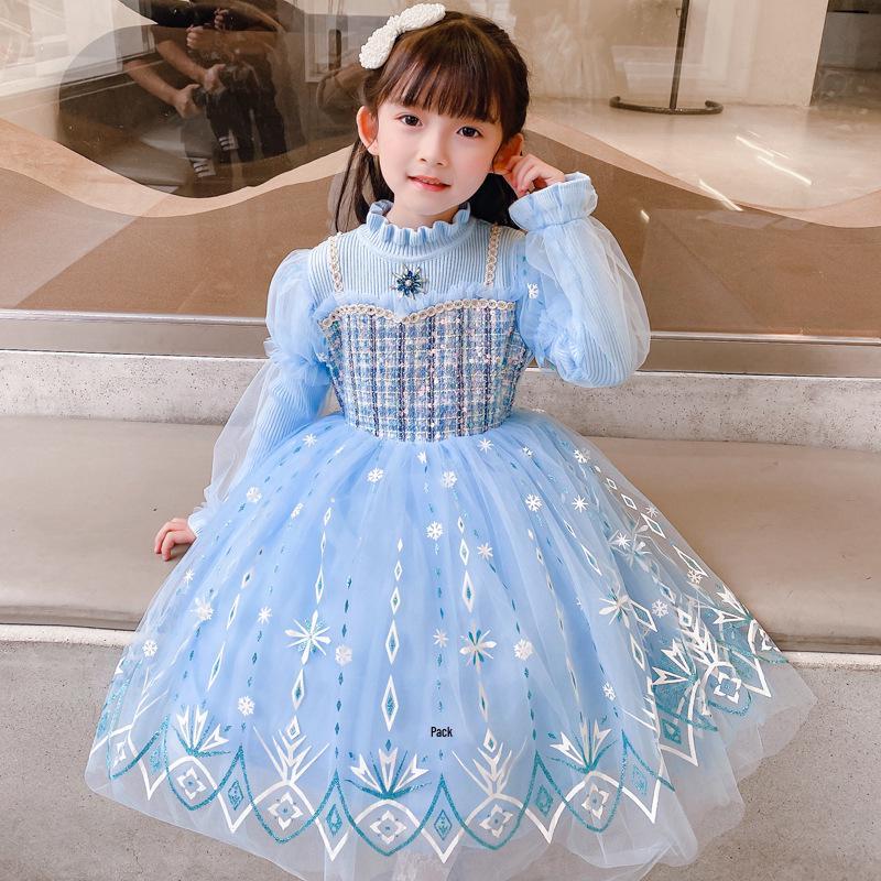 Elsa Princess Knitted Wool Dress for Girls - Spring & Autumn 2025