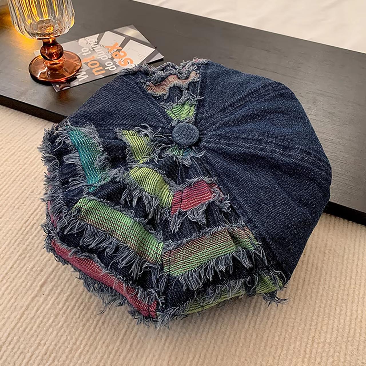 

Корейский джинсовый берет для женщин, разноцветные полосатые наклейки, восьмиугольная ковбойская кепка, Y2K, для девушек, художника, живописца, кепка газетчика, солнцезащитная кепка темно-синий