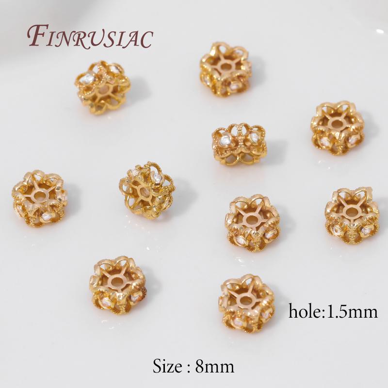 2/4/6pcs 18K Gold Plated Round Flower Beads with Zircon,Metal Separator Beads,Decorative Beads DIY Bracelets Jewelry Accessories