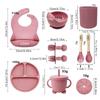 Set de farfurii din silicon pentru copii pentru a învăța să mănânci, furculiță de antrenament, lingură, supliment alimentar, ventuză, bol, anticădere și antiopărire